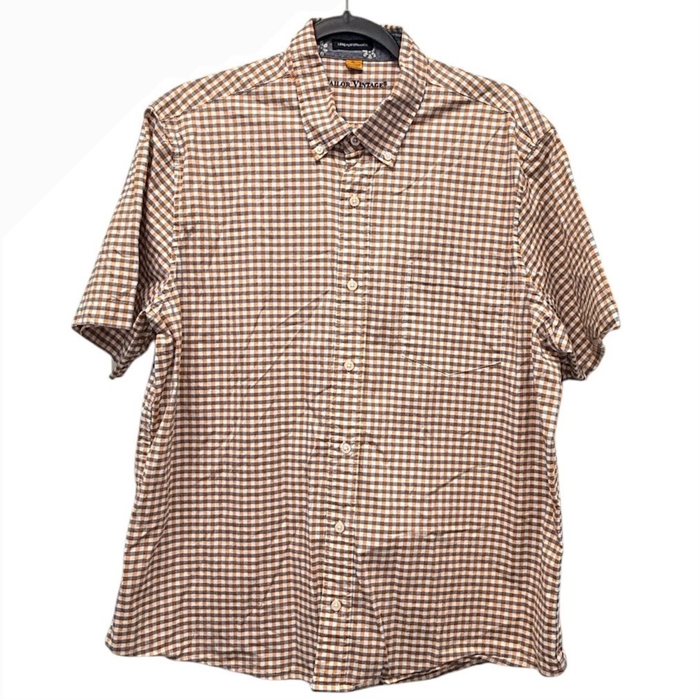 Tailor Vintage Mens Short Sleeve Gingham Performance Shirt Orange Blue XL Preppy